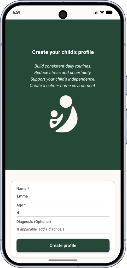 App screen on a phone: "Create your child's profile" with the Positive Parenting logo and a profile form
