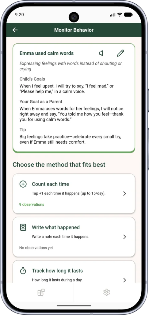 App screen "Monitor Behavior" on a phone showing the behavior "Emma used calm words" with the child's goals, the parent's goal, a tip and methods for tracking it