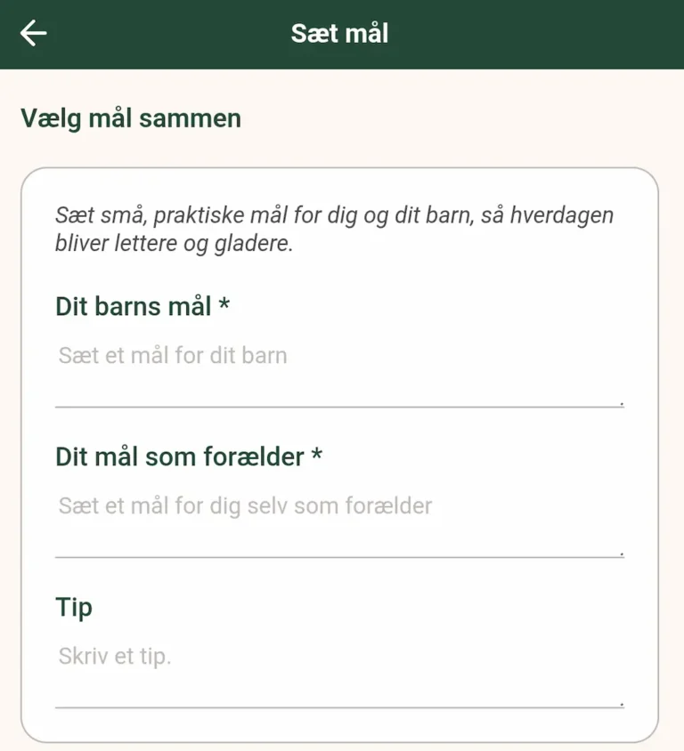 App-skærmen "Sæt mål", hvor forælder og barn vælger mål sammen: barnets mål, forælderens mål og et tip