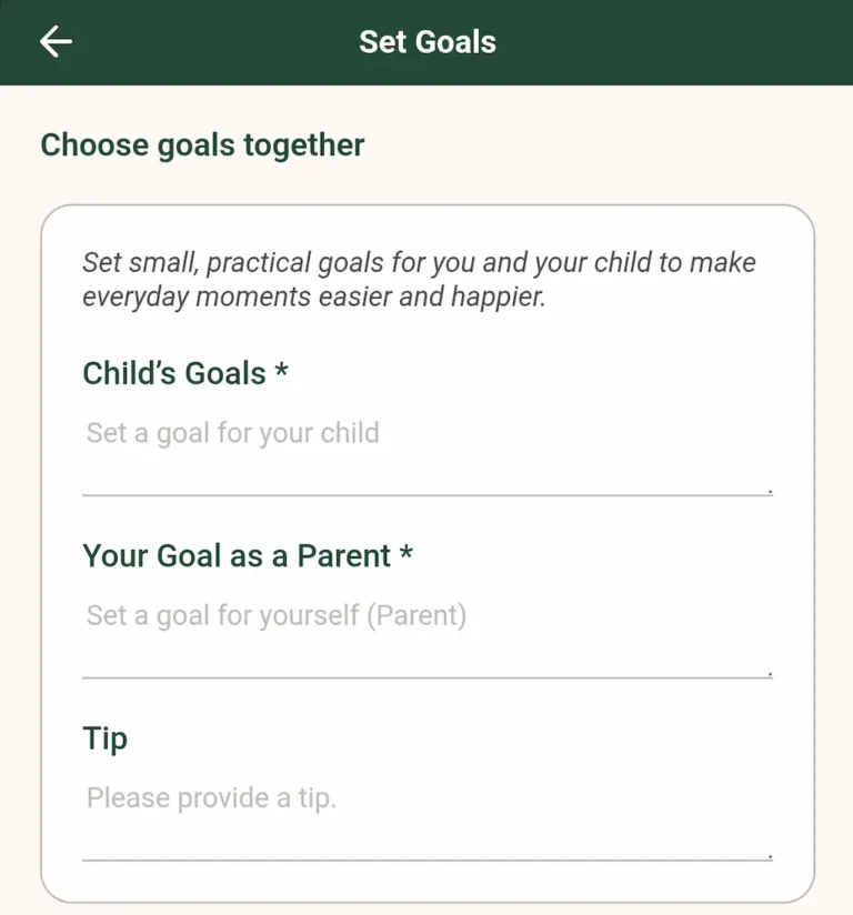 App screen "Set Goals" for choosing goals together: the child's goal, the parent's goal and a tip