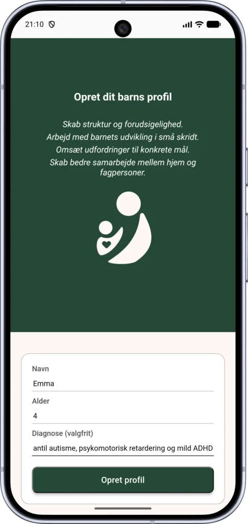 App-skærmen "Opret dit barns profil" på en telefon med en udfyldt profilformular
