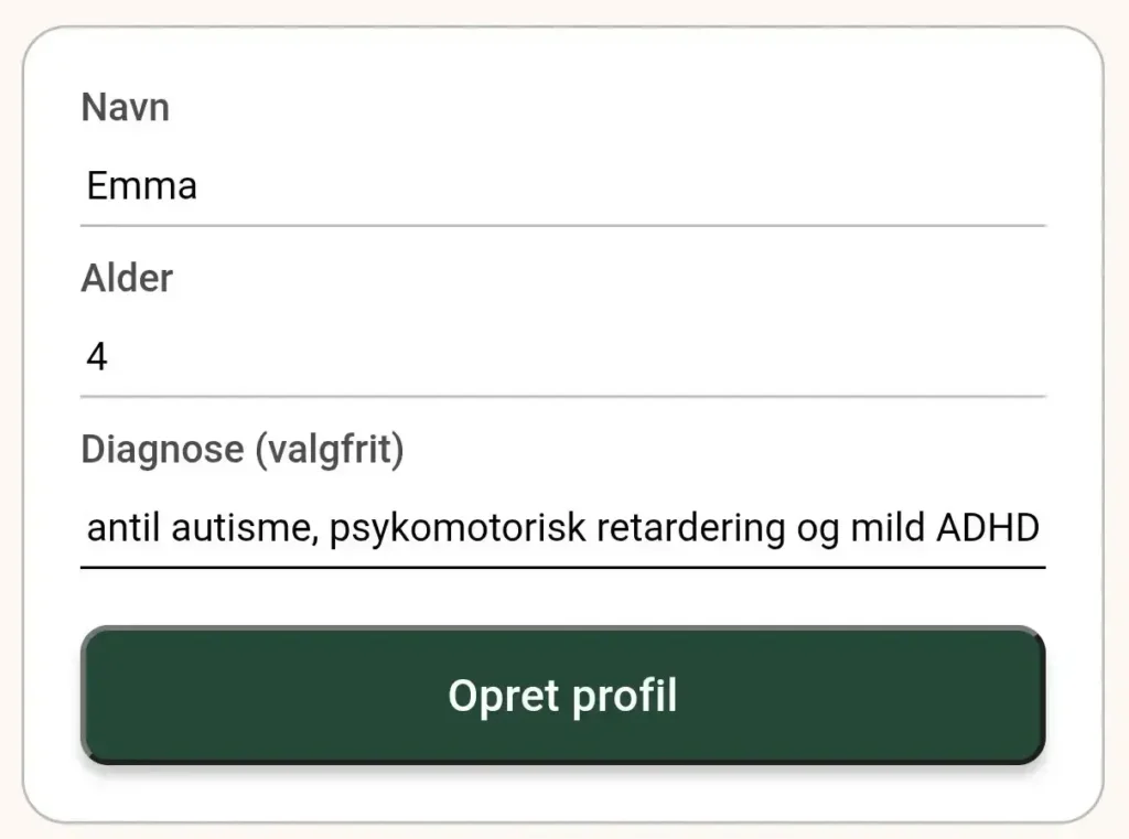 Udfyldt profilformular i appen med navn, alder og diagnose samt knappen "Opret profil"