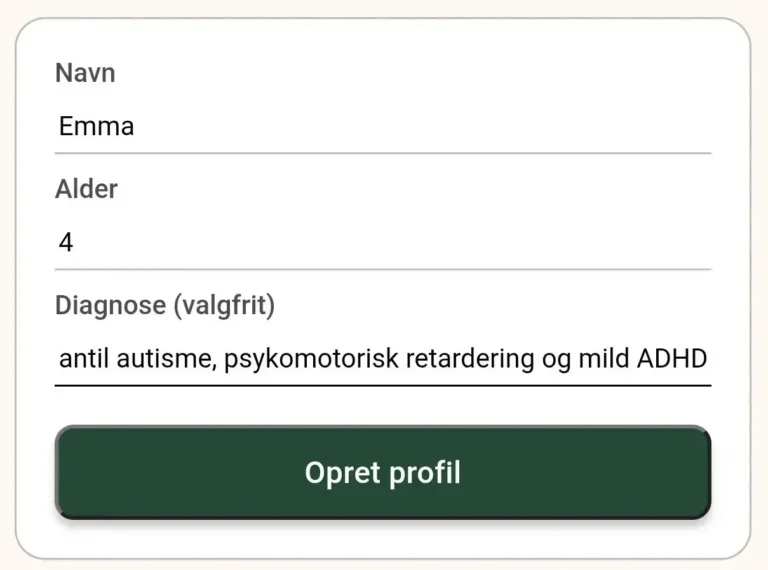 Udfyldt profilformular i appen med navn, alder og diagnose samt knappen "Opret profil"